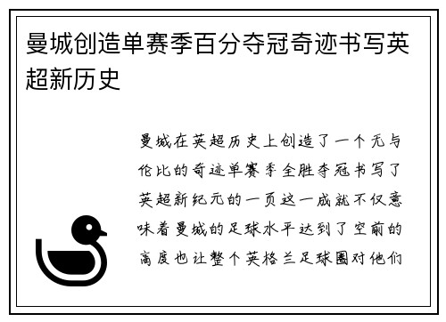 曼城创造单赛季百分夺冠奇迹书写英超新历史